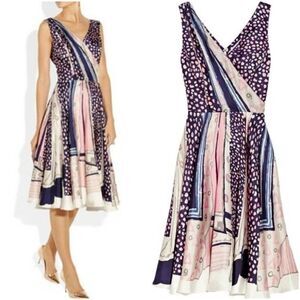 Oscar de la Renta 100% Silk Fit & Flare Dress Size 4 Made in Italy Navy Pink